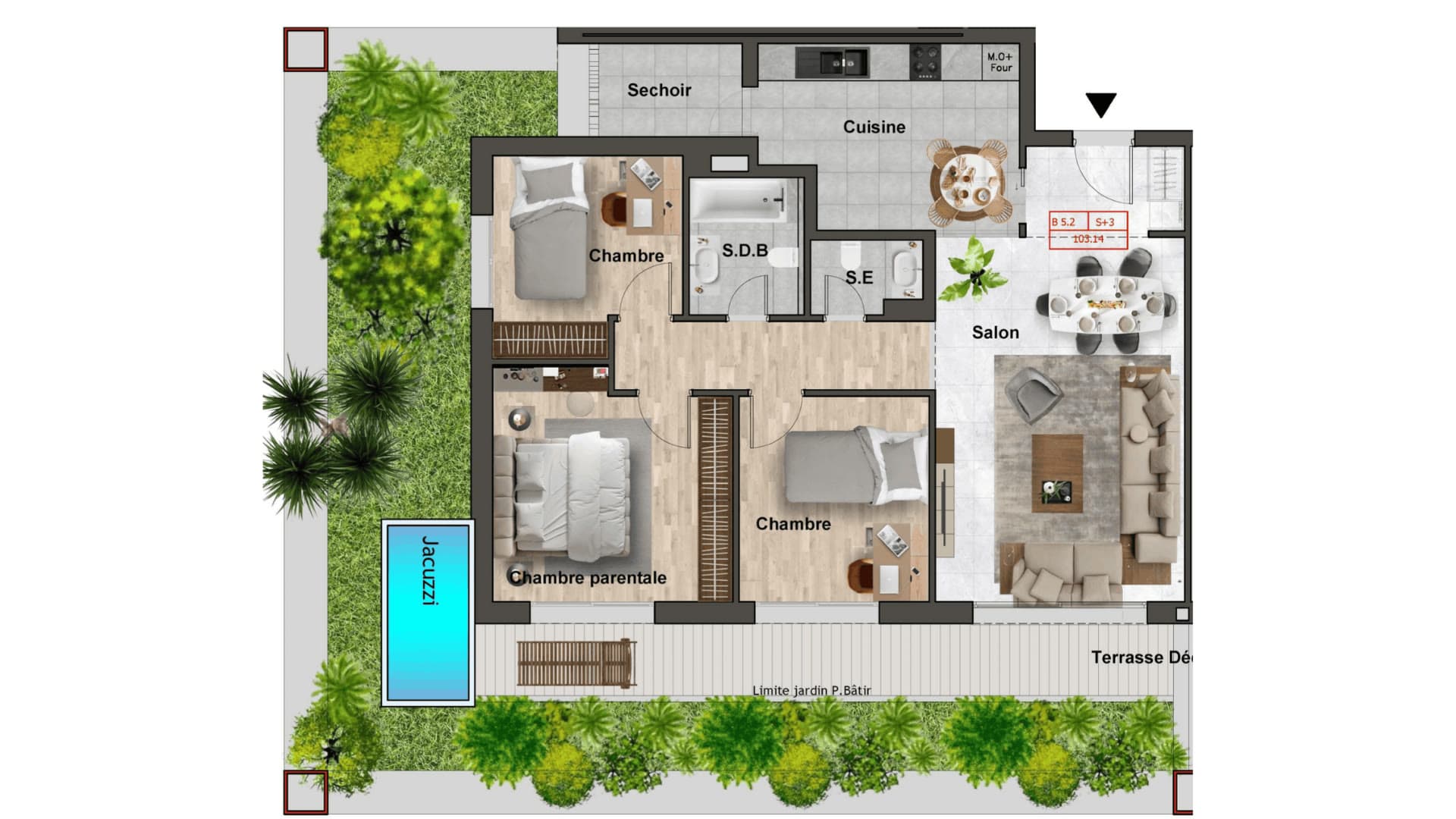 Plan de Bel Air au 5ème étage : salon et cuisine, chambre parentale et deux chambres, salle de bains et salle d’eau, terrasse découverte, jardin planté et jacuzzi.