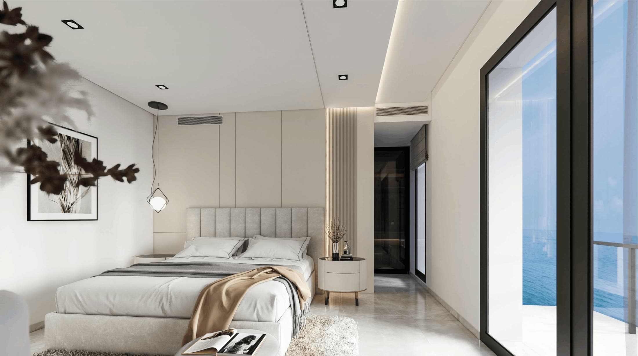 Chambre d’Élite : lit double, tête de lit capitonnée et baie vitrée toute hauteur.