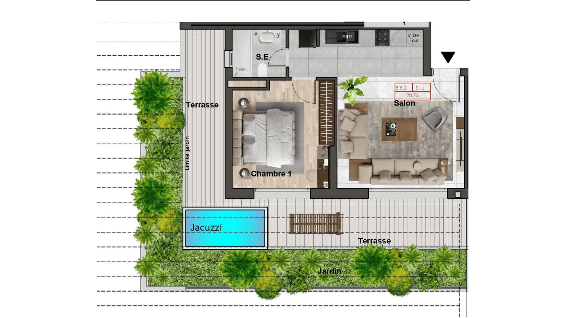 Plan d’Élite au 6ème étage : salon, chambre et salle d’eau ouverts sur une terrasse-jardin plantée et son jacuzzi.