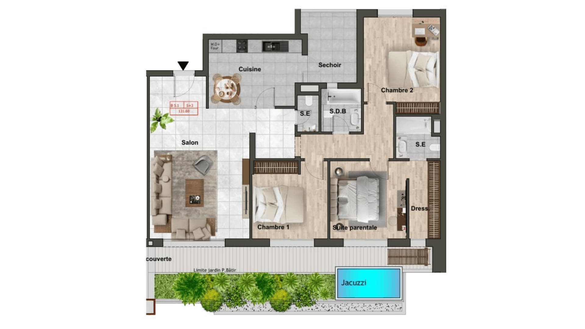 Plan d’Émeraude au 5ème étage : salon et cuisine, suite parentale avec dressing, deux chambres, salle de bains et deux salles d’eau, terrasse couverte, jardin planté et jacuzzi.