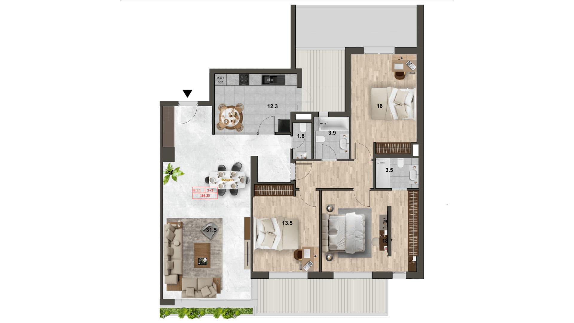 Plan de Rubis au 1er étage : salon et cuisine, suite parentale et deux chambres, salle de bains et deux salles d’eau, prolongés par la terrasse.